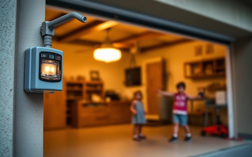 Modern garage door with safety sensors protecting family