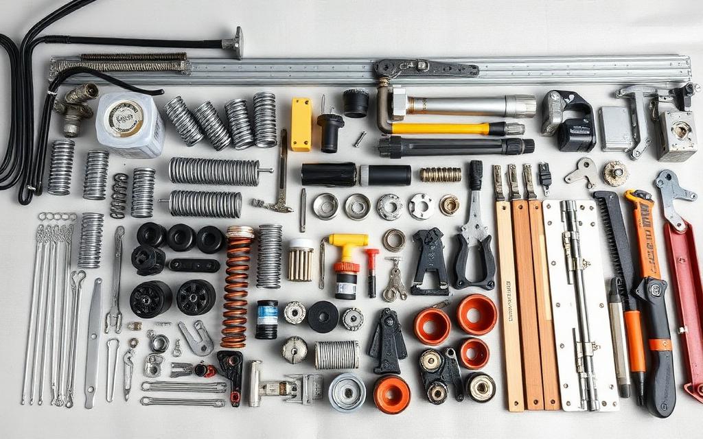 Garage door parts and components laid out for repair