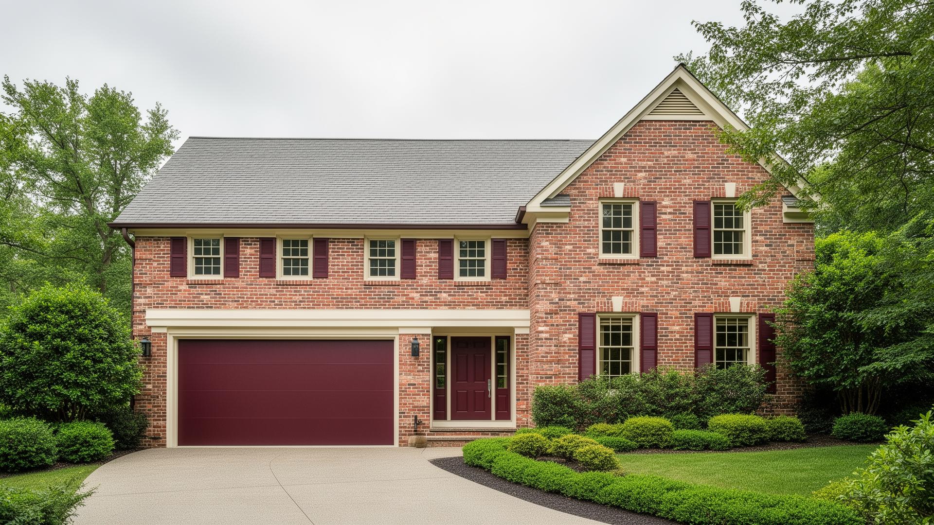 Elegant colonial home with modern minimalist flush panel garage door