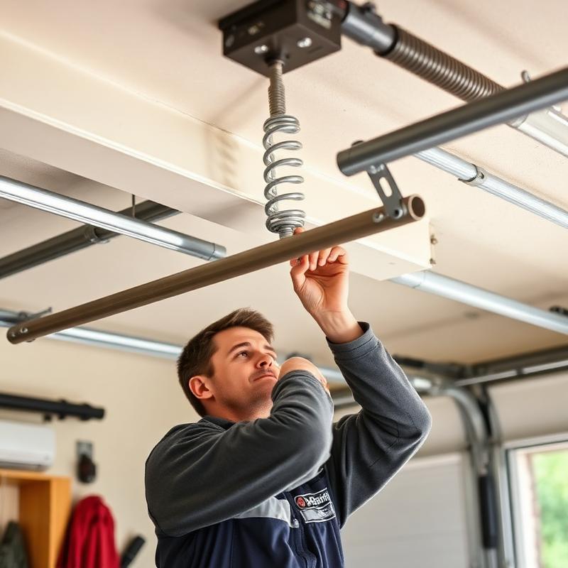 Technician repairing garage door spring system