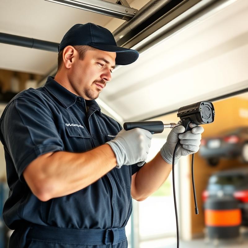 Professional garage door technician performing service work